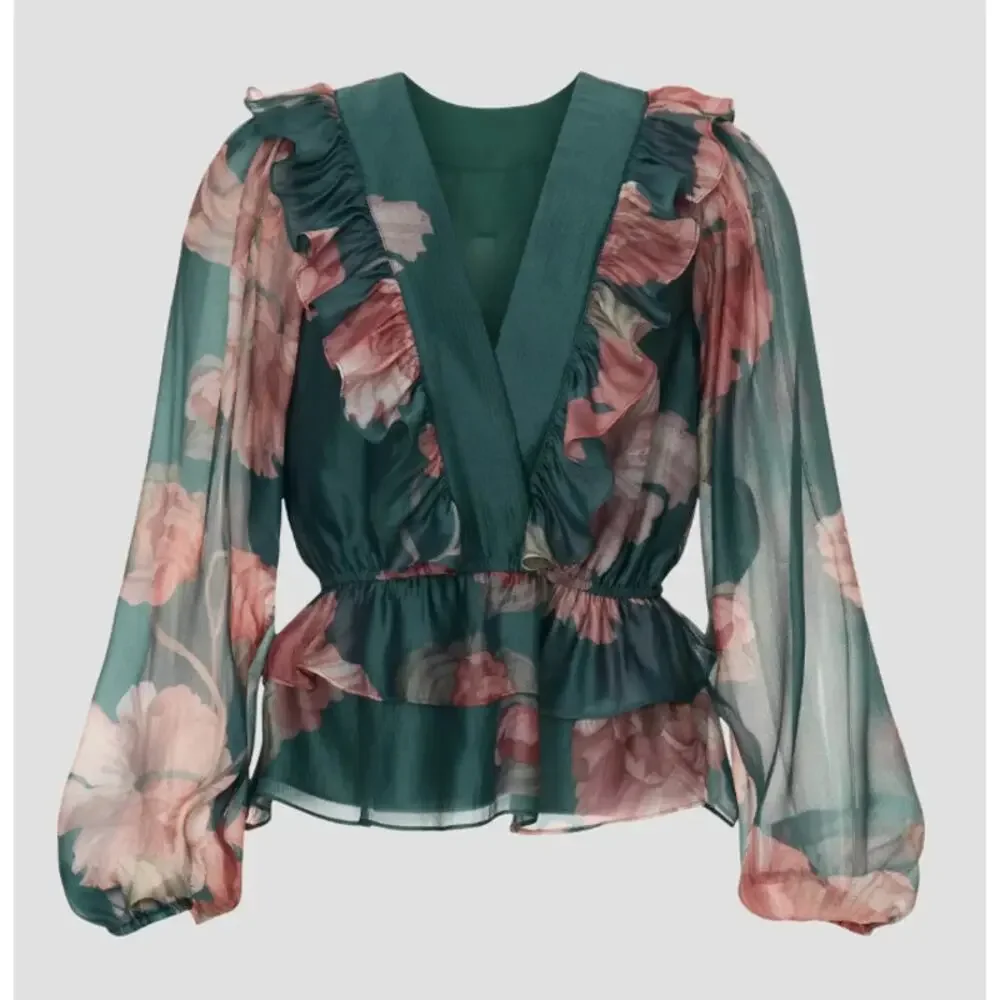 Hutch Hunter Green Chiffon Ruffle Top MEDIUM Cottage Fall Romantic Designer $180 - Picture 7 of 10